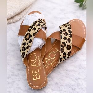 Beach by Matisse Leopard Slide Sandals Size 8 Tan Leather Animal Print Summer